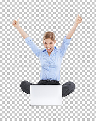 Buy stock photo Thumbs up, celebration and business woman with laptop for email and good news. Winner, computer and female celebrating goals, target achievement or success isolated on a transparent png background