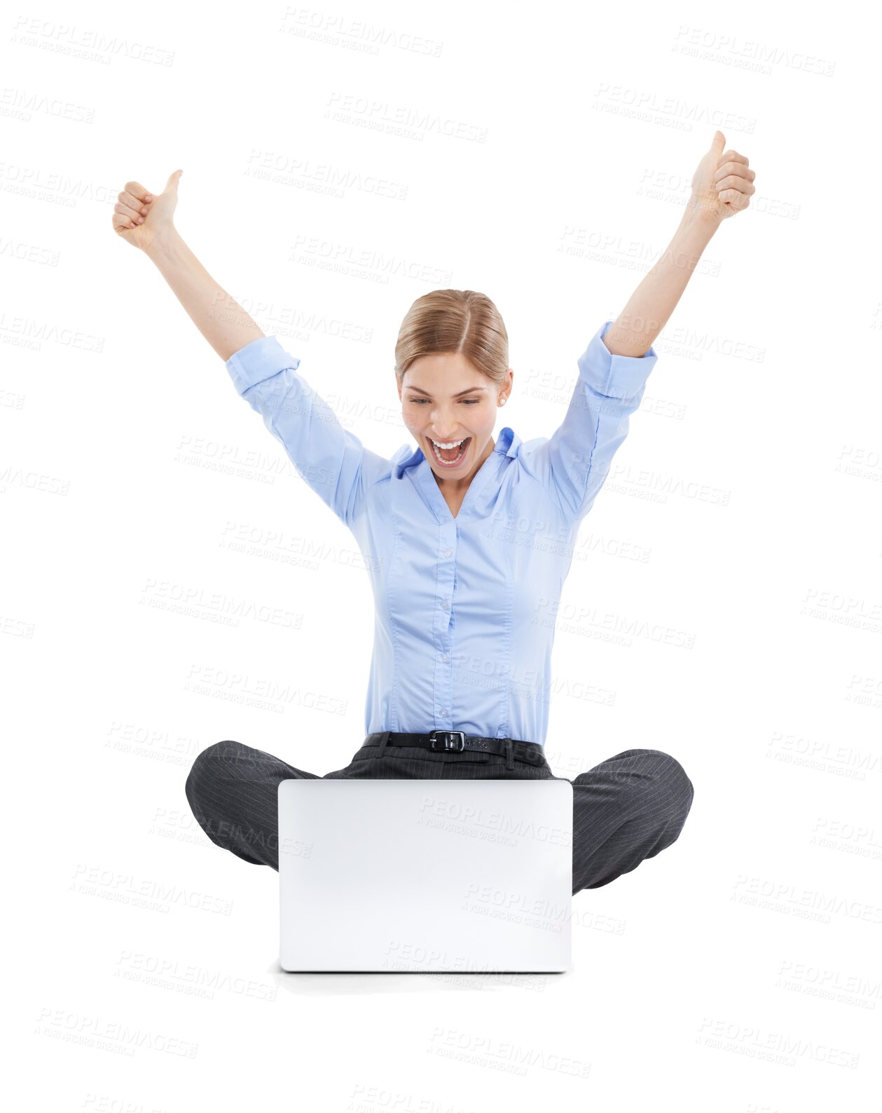 Buy stock photo Thumbs up, celebration and business woman with laptop for email and good news. Winner, computer and female celebrating goals, target achievement or success isolated on a transparent png background