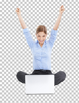 Buy stock photo Celebration, success or woman with laptop, business or confident lady isolated on transparent background. Winner, computer or happy female celebrating goals, promotion or happiness for victory on png