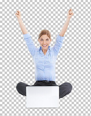 Buy stock photo Portrait, laptop and wow with a business woman on PNG to celebrate success isolated on a transparent background. Winner, victory and celebration with a young female employee sitting arms raised