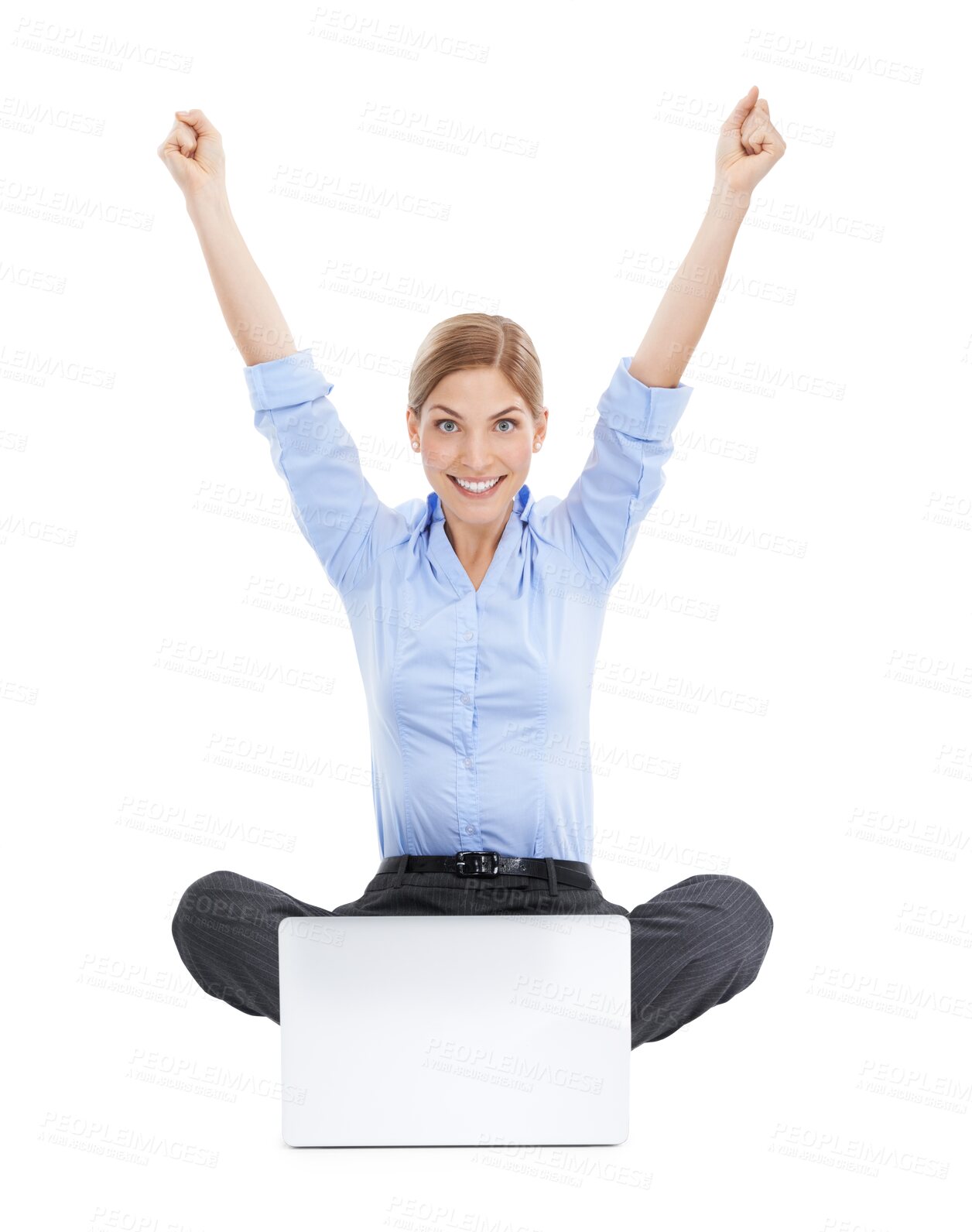 Buy stock photo Portrait, laptop and wow with a business woman on PNG to celebrate success isolated on a transparent background. Winner, victory and celebration with a young female employee sitting arms raised