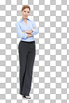 Business woman, full body portrait and mockup with confident smile, leadership and motivation isolated on a png background. Corporate fashion, professional confidence and happy woman boss standing in studio.