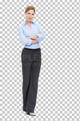 Buy stock photo Business woman, portrait and arms crossed or serious about success, confidence or career. Professional female leader with motivation focus, mission or mindset isolated on transparent png background
