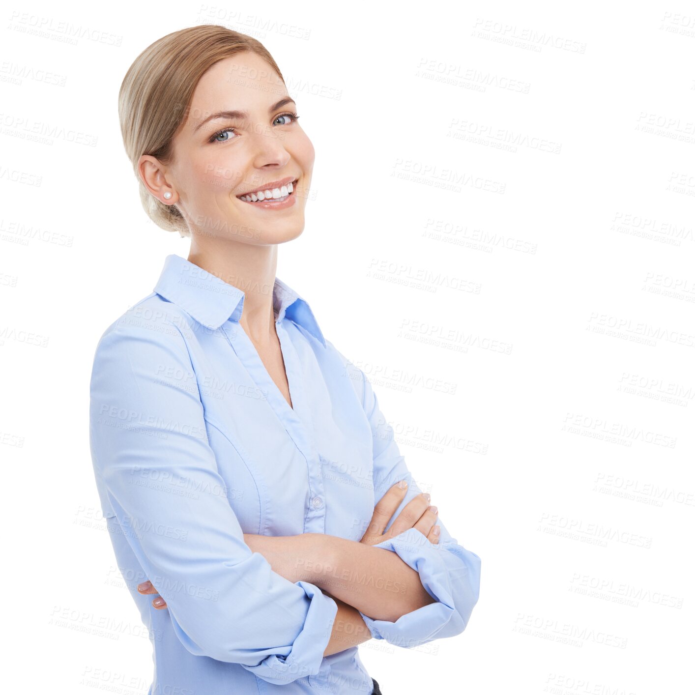 Buy stock photo Portrait, vision and arms crossed with a woman employee isolated on a transparent background. Mindset, mission or professional with a confident and attractive young business female standing on PNG