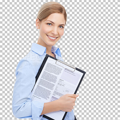 Buy stock photo Business woman, portrait and clipboard for review, recruitment or job interview. Smile, happy and human resources worker with paper documents for hiring isolated on a transparent png background