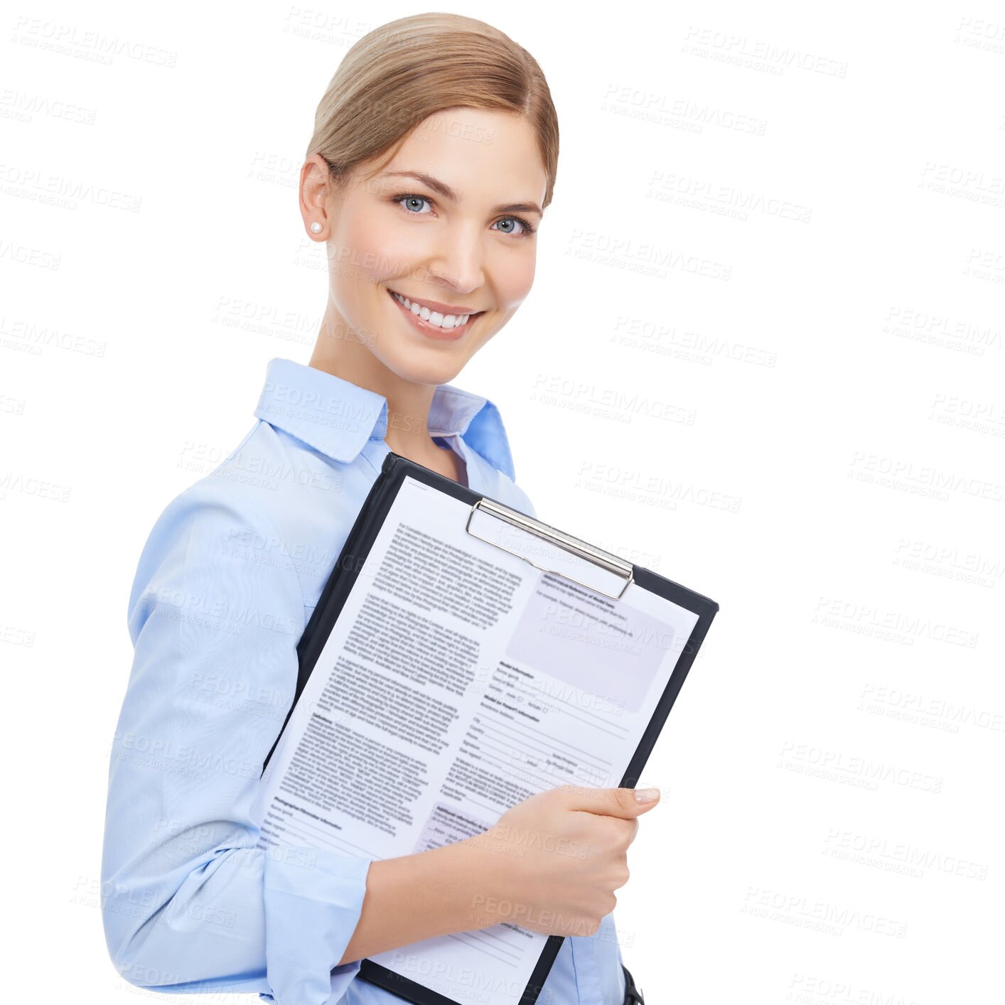 Buy stock photo Business woman, portrait and clipboard for review, recruitment or job interview. Smile, happy and human resources worker with paper documents for hiring isolated on a transparent png background