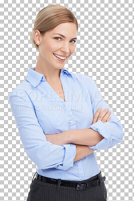 Buy stock photo Portrait, mindset and arms crossed with a woman employee isolated on a transparent background. Vision, mission or professional with a confident and attractive young business female standing on PNG