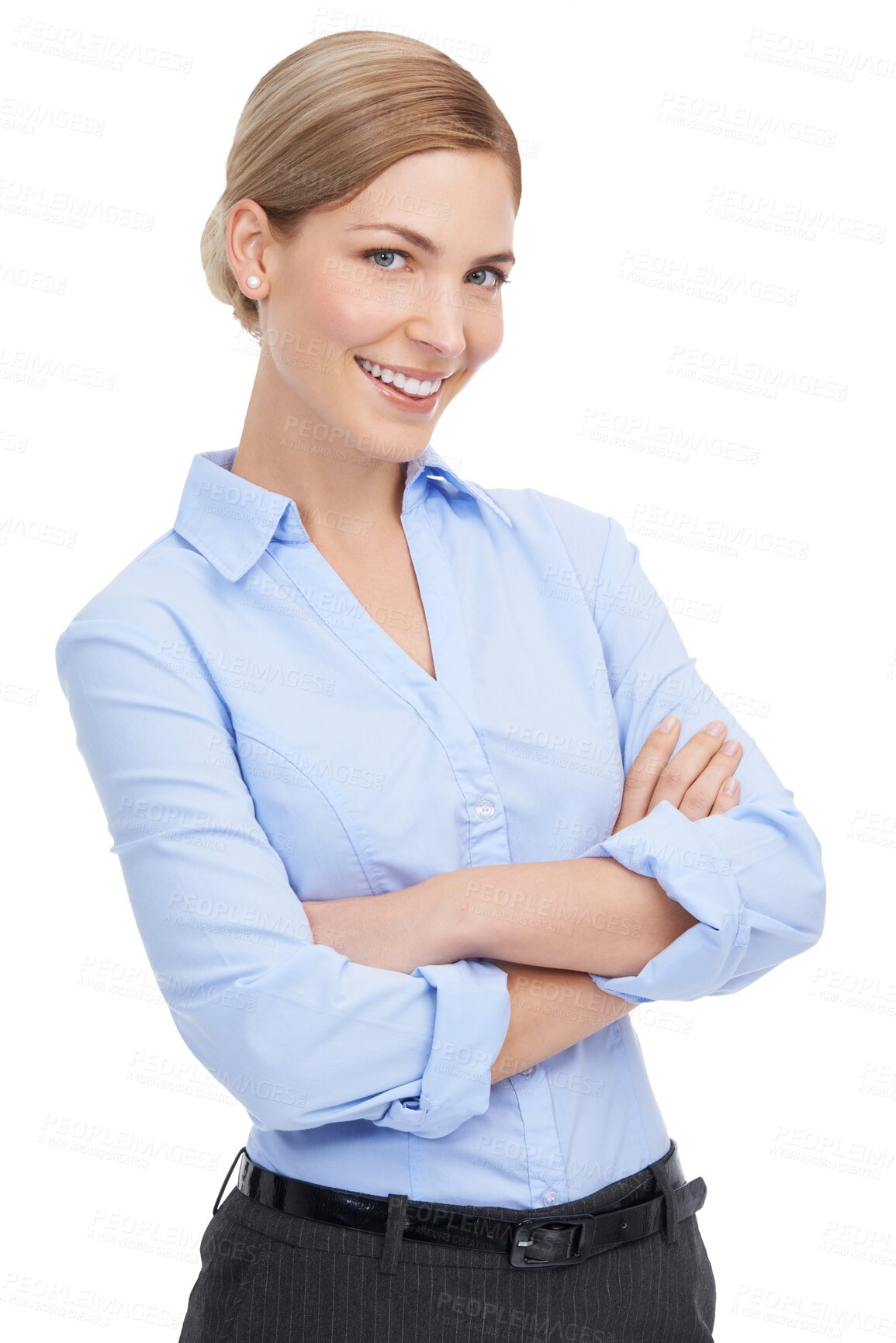 Buy stock photo Portrait, mindset and arms crossed with a woman employee isolated on a transparent background. Vision, mission or professional with a confident and attractive young business female standing on PNG