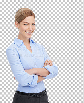 Buy stock photo Portrait, mindset and arms crossed with a business woman isolated on a transparent background. Vision, mission or professional with a confident and attractive young female employee standing on PNG