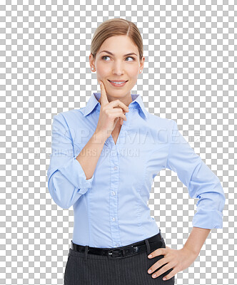 Buy stock photo Business woman, thinking and ideas with happy mindset, planning or memory. Inspiration, decision and female worker dream isolated on transparent, png background for vision, hope and mind solution