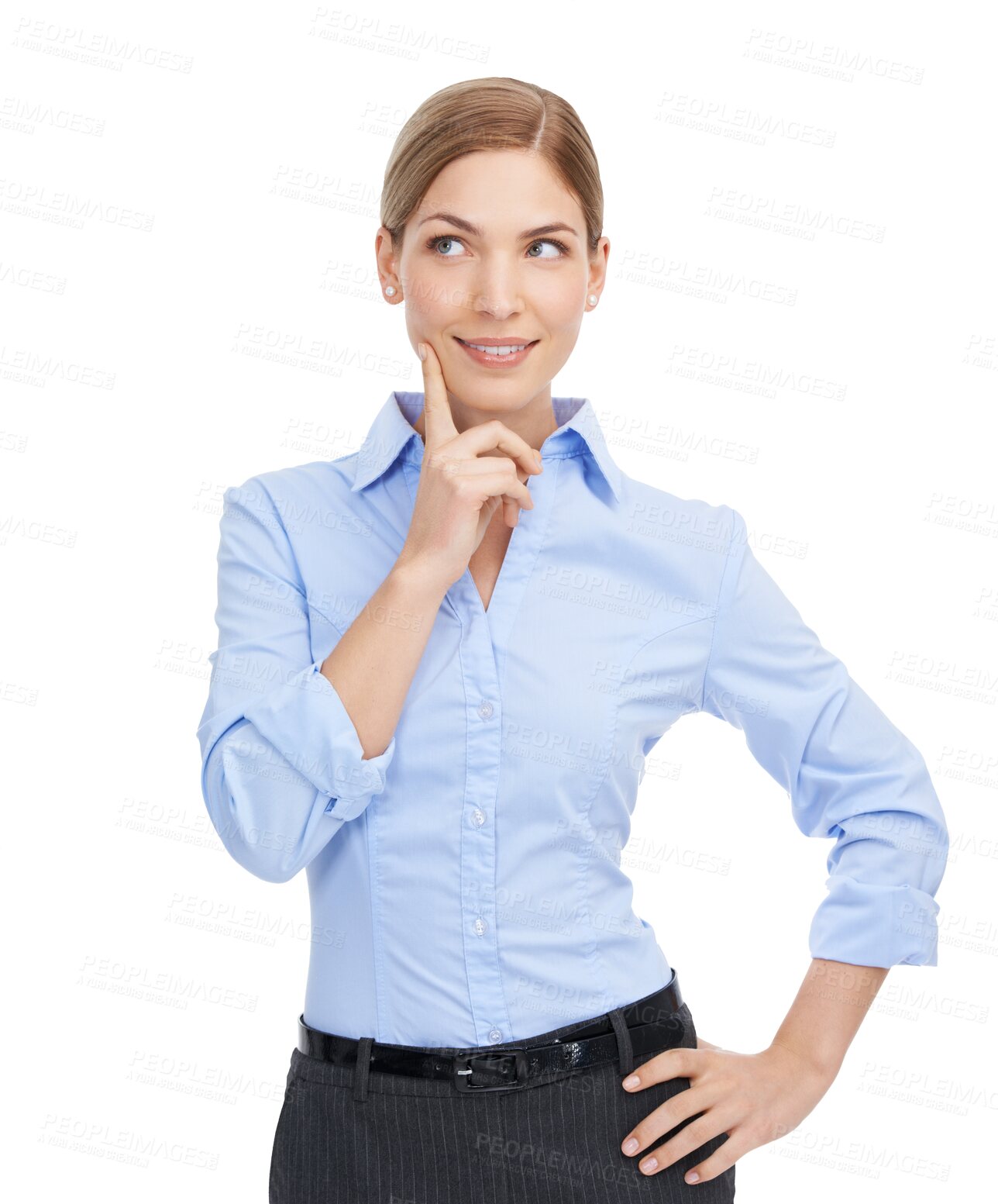 Buy stock photo Business woman, thinking and ideas with happy mindset, planning or memory. Inspiration, decision and female worker dream isolated on transparent, png background for vision, hope and mind solution