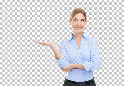 Buy stock photo Happy, choice and business woman with hand and vision for presentation, solution or offer. Professional female thinking and marketing product, logo or brand and isolated on transparent png background
