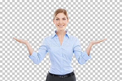 Buy stock photo Business woman, palm of hands and portrait with space for presentation, solution or choice. Happy female advertising decision, logo or brand with a smile isolated on a transparent, png background