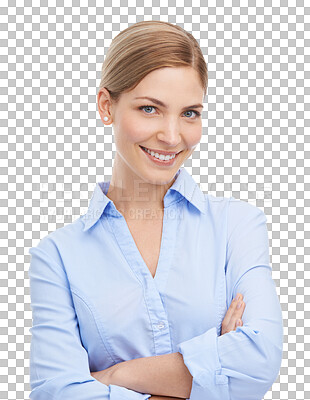 Buy stock photo Portrait, professionalism and arms crossed with a business woman isolated on a transparent background. Vision, mindset or mission with a happy and attractive young female employee standing on PNG