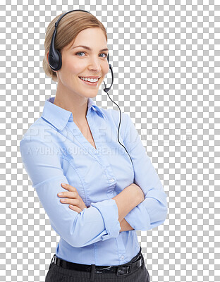 Buy stock photo Call center, portrait and arms crossed woman in customer support, contact us or telecom help. Happy female consultant, telemarketing agent or sales employee isolated on a transparent png background