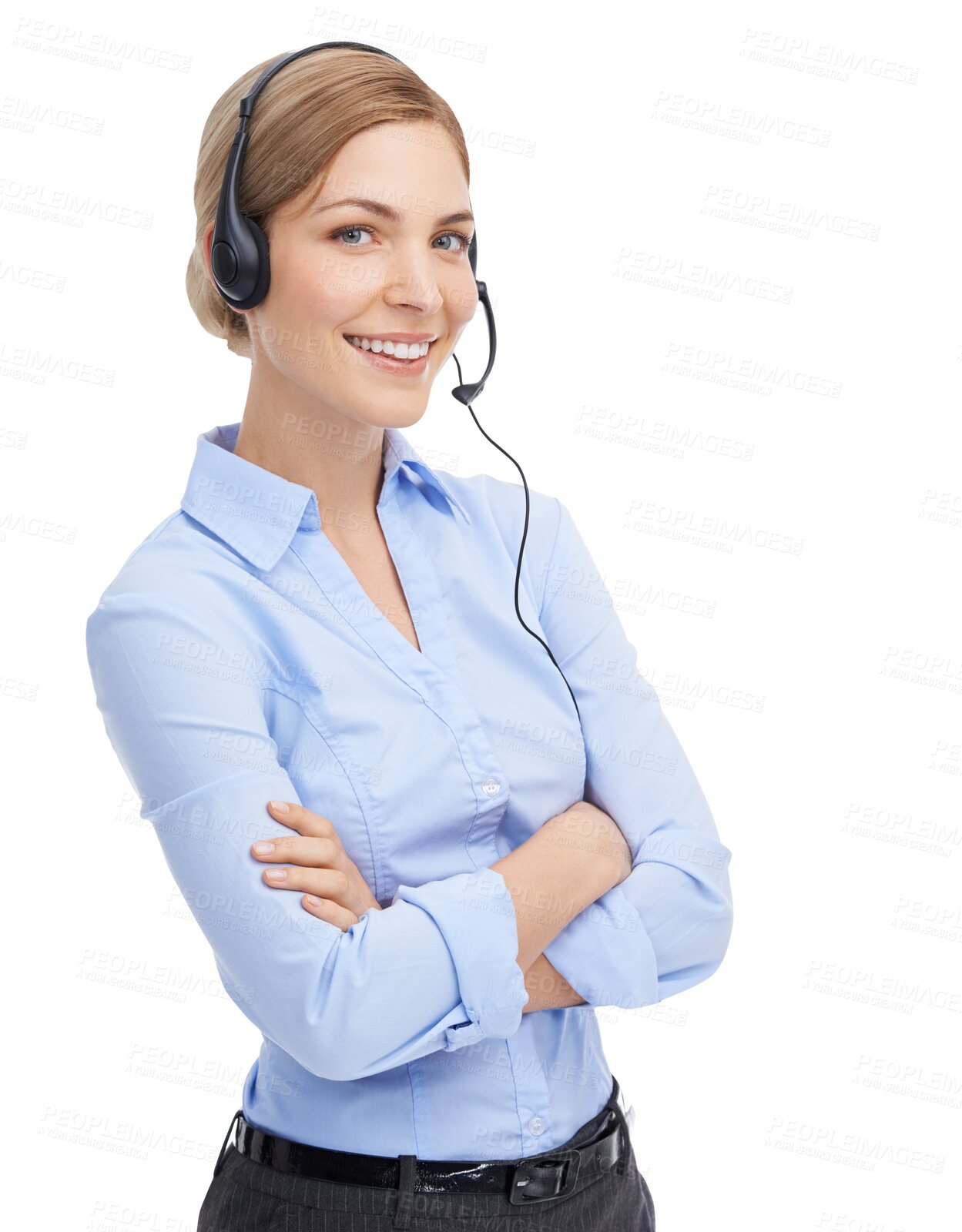 Buy stock photo Call center, portrait and arms crossed woman in customer support, contact us or telecom help. Happy female consultant, telemarketing agent or sales employee isolated on a transparent png background