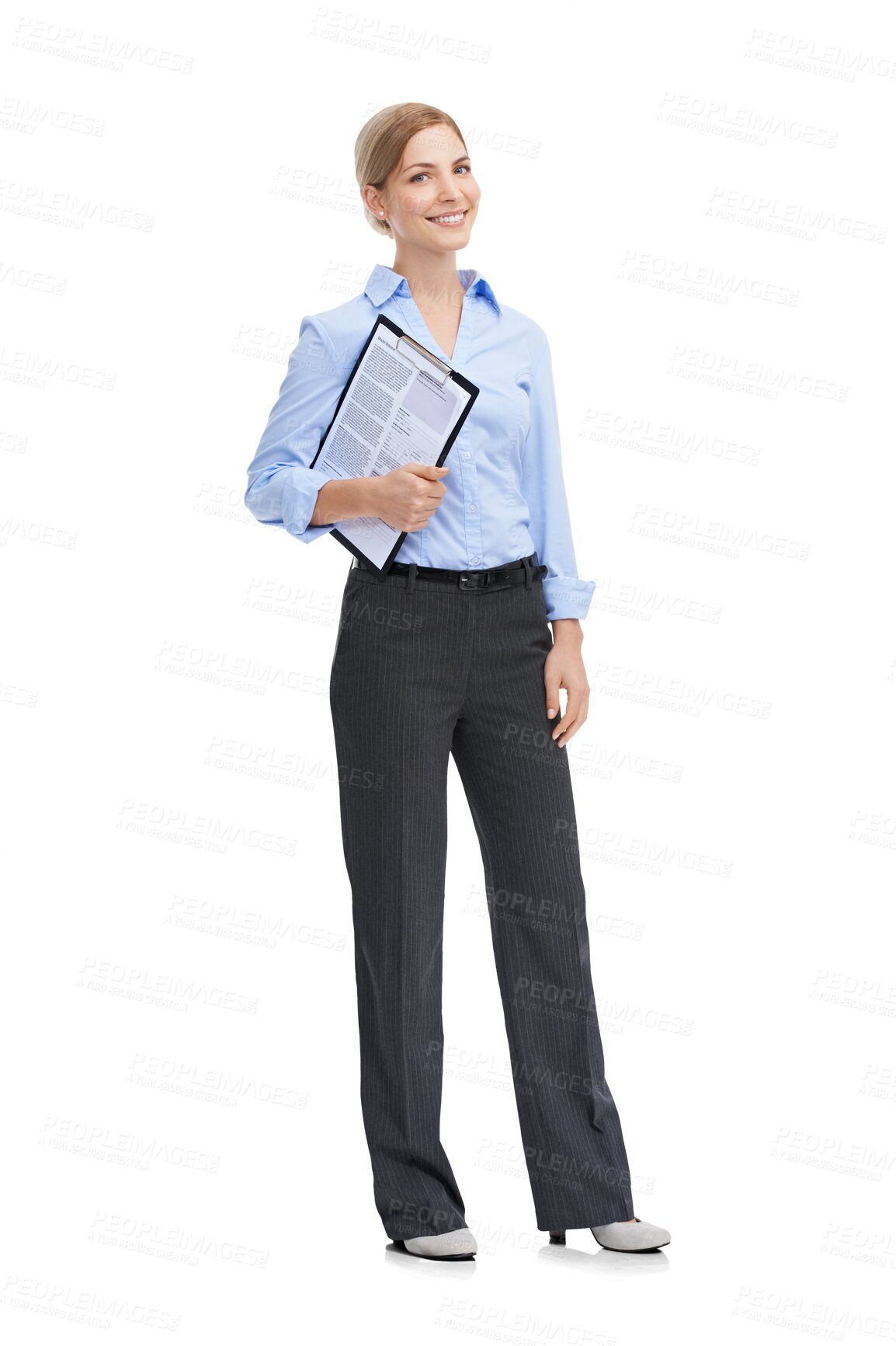 Buy stock photo Portrait, review and woman with documents, smile and employee isolated on a transparent background. Face, female employee and happy supervisor with a clipboard, happiness and feedback on png backdrop