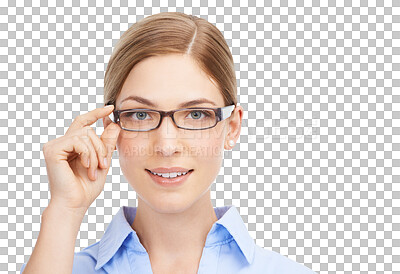 Buy stock photo Portrait, face or PNG with woman in glasses isolated on a transparent background for vision. Eyewear, eyesight and optometry with an attractive young female person posing in prescription frame lenses