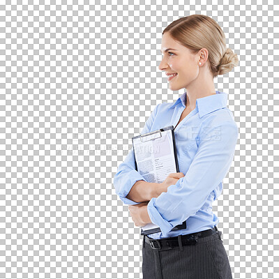 Buy stock photo Thinking, contract and PNG with a business woman isolated on a transparent background holding a clipboard. Idea, documents or information and a happy female employee with a feedback questionnaire