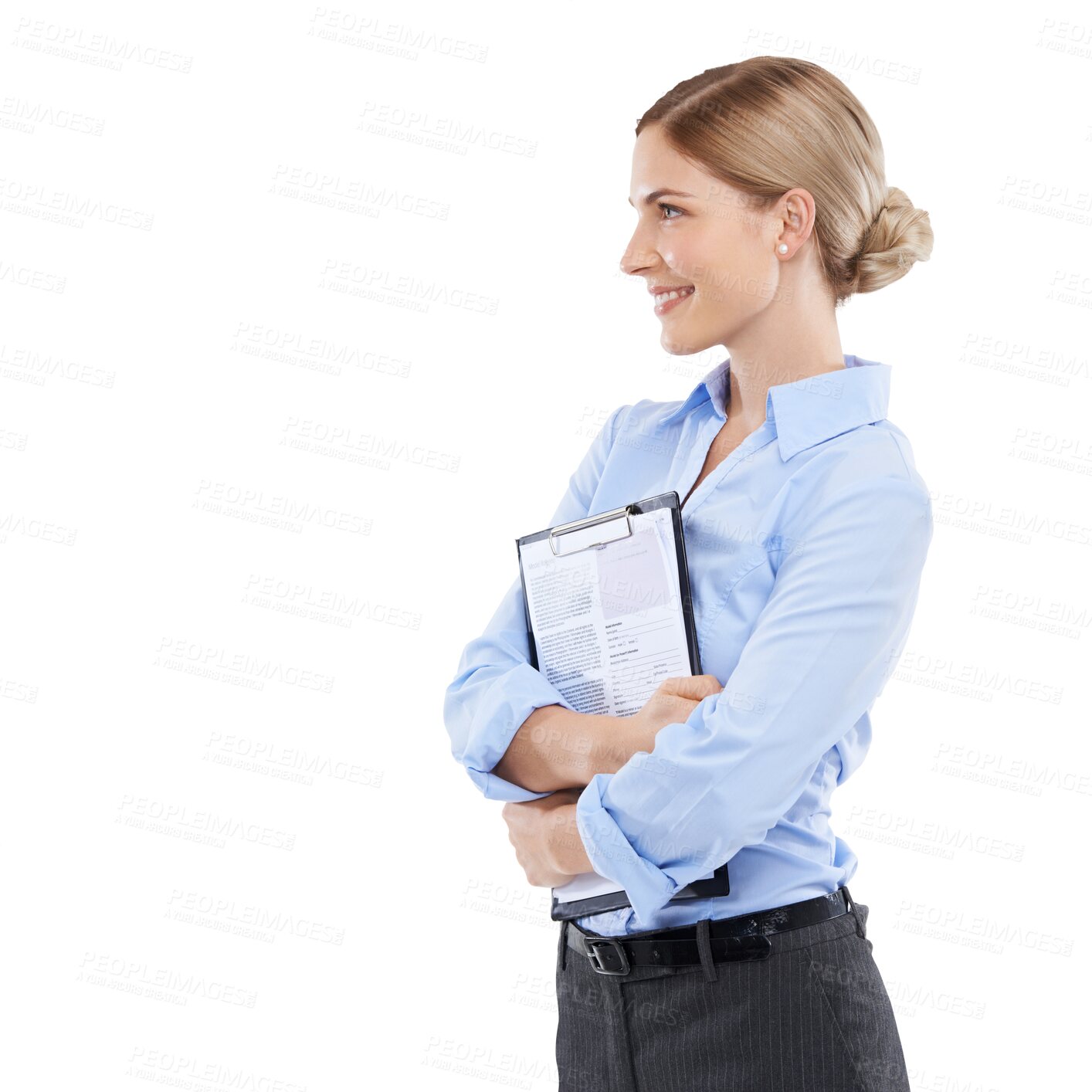 Buy stock photo Thinking, contract and PNG with a business woman isolated on a transparent background holding a clipboard. Idea, documents or information and a happy female employee with a feedback questionnaire