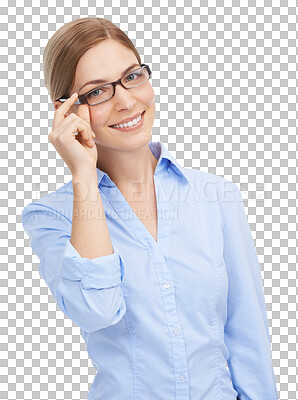 Buy stock photo Portrait, glasses and PNG with an woman optician isolated on a transparent background for vision. Eyewear, eyesight and optometry with an attractive young female posing in prescription frame lenses