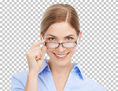 Buy stock photo Portrait, eyewear and PNG with a woman in glasses isolated on a transparent background for vision. Spectacles, eyesight and optometry with an attractive young female posing in prescription lenses