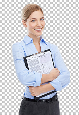 Buy stock photo Portrait, contract and human resources with a business woman isolated on a transparent background. Documents, paperwork and clipboard with a happy young female employee against PNG for information