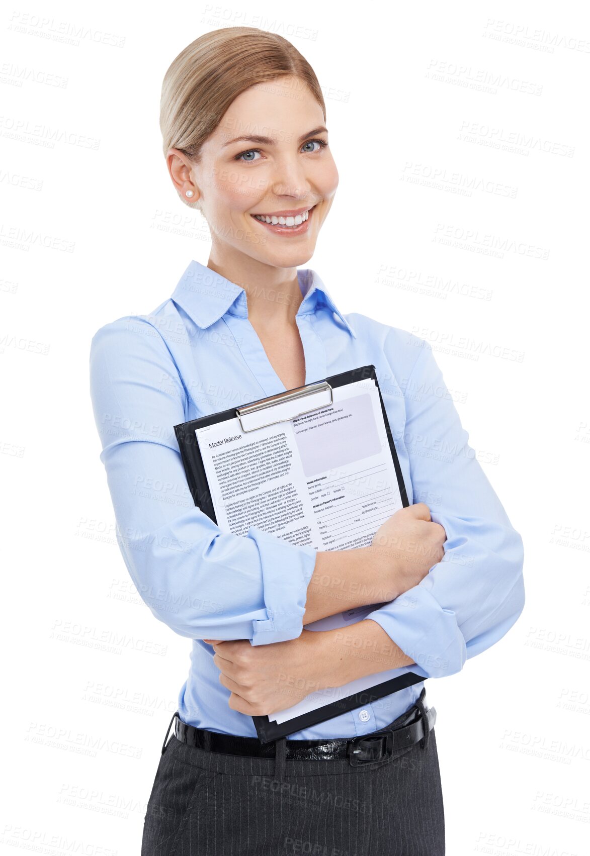 Buy stock photo Portrait, contract and human resources with a business woman isolated on a transparent background. Documents, paperwork and clipboard with a happy young female employee against PNG for information