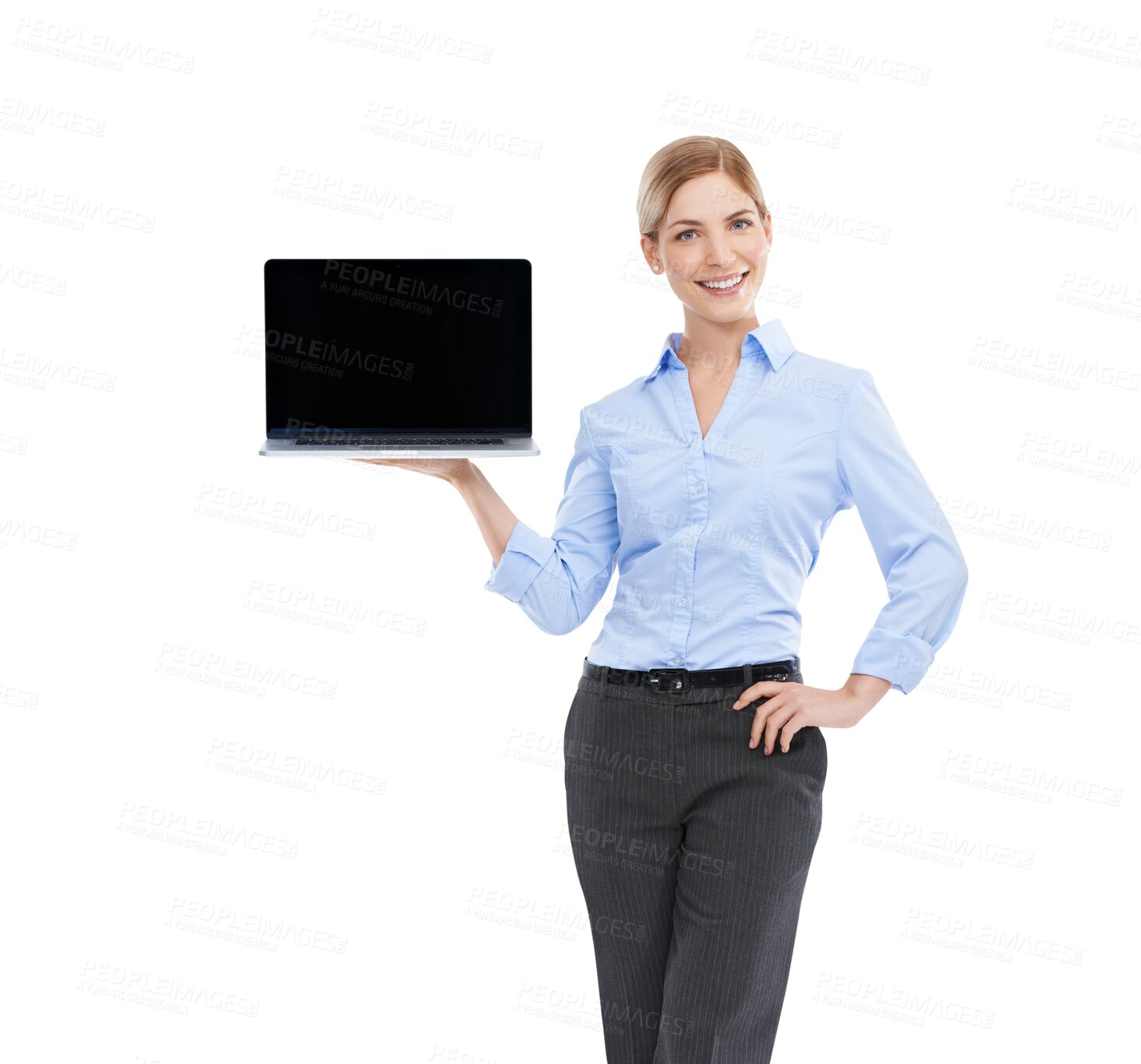 Buy stock photo Laptop, screen and portrait of business woman with smile on isolated, transparent and png background. Technology, advertising and female with computer for website, social media and communication