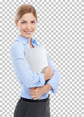 Buy stock photo Laptop, technology and portrait of business woman with smile on isolated, transparent and png background. Corporate, advertising and female with computer for website, social media and communication