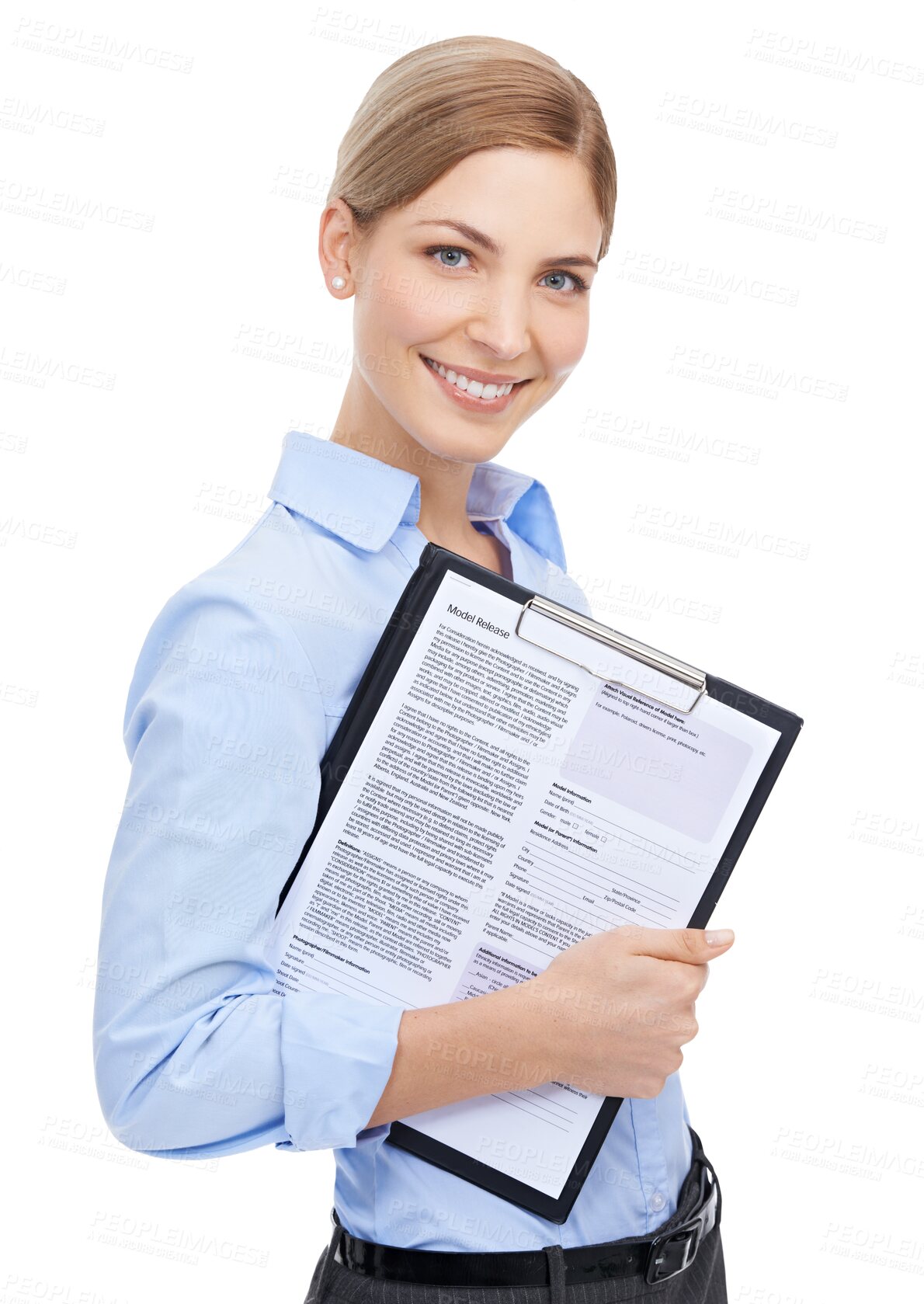 Buy stock photo Portrait, documents and PNG with a business woman isolated on a transparent background holding a clipboard. Smile, contract or information and a happy female employee with a feedback questionnaire