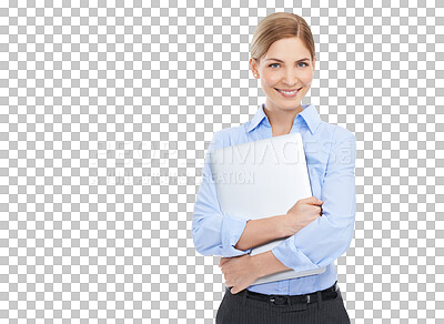 Buy stock photo Laptop, happy and portrait of business woman with smile on isolated, transparent and png background. Technology, advertising and happy female with computer for website, social media and communication