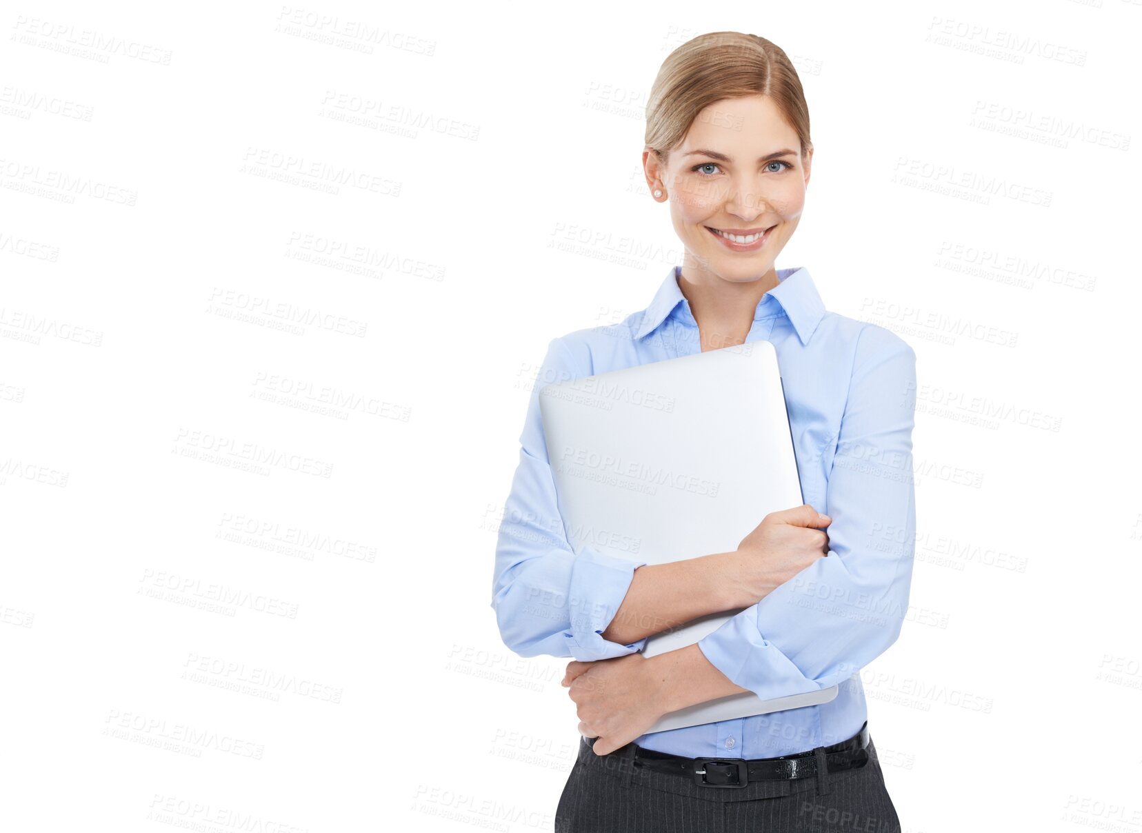 Buy stock photo Laptop, happy and portrait of business woman with smile on isolated, transparent and png background. Technology, advertising and happy female with computer for website, social media and communication