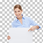 Portrait, poster and mockup with a woman pointing to blank advertising or marketing space. Brand, billboard and news with a female holding product placement branding isolated on a png background