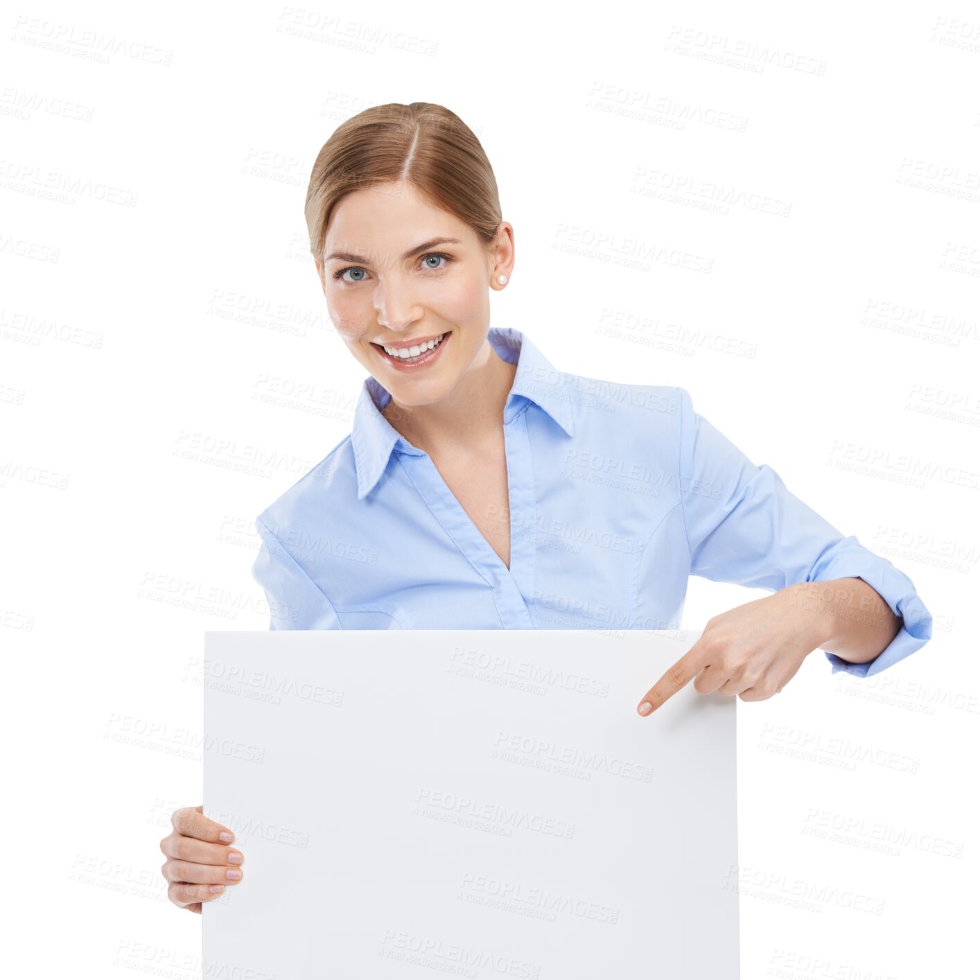 Buy stock photo Business woman is pointing to poster, mockup and smile in portrait isolated on transparent png background. Advertising banner, product placement with signage and happy person with marketing billboard