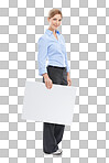 News, announcement and businesswoman with blank sign, mockup and product placement. Advertising, marketing and body portrait of happy woman with poster board and smile isolated on a png background