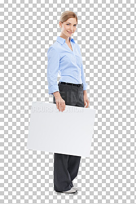 Buy stock photo Business woman with poster mockup and smile in portrait isolated on transparent, png background. Advertising banner, product placement with signage board and happy person with marketing billboard