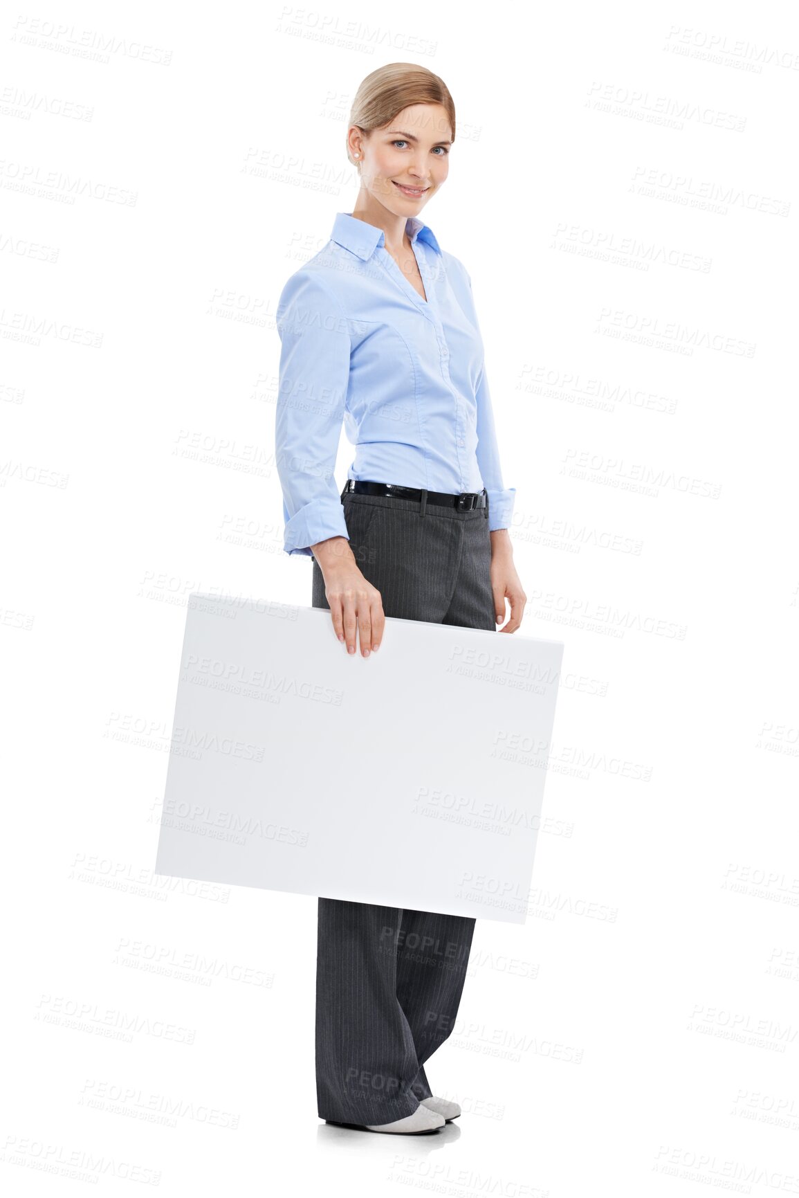 Buy stock photo Business woman with poster mockup and smile in portrait isolated on transparent, png background. Advertising banner, product placement with signage board and happy person with marketing billboard