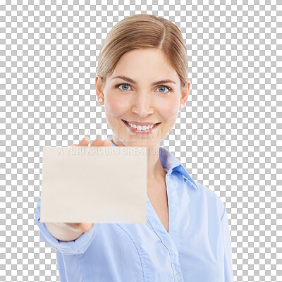 Buy stock photo Business card, portrait and woman isolated on png, transparent background with mockup space for advertising. Sign, brand mock up and face of happy professional model or person with product placement