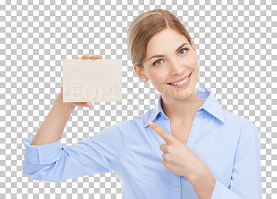 Buy stock photo Woman, portrait and business card isolated on png, transparent background pointing to mockup space for advertising. Sign, brand mock up and happy professional model or person with product placement