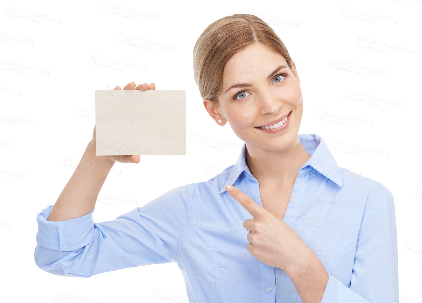 Buy stock photo Woman, portrait and business card isolated on png, transparent background pointing to mockup space for advertising. Sign, brand mock up and happy professional model or person with product placement