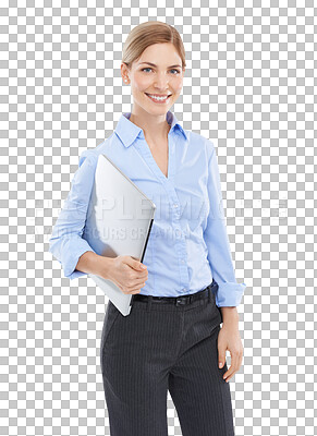 Buy stock photo Laptop, happy and portrait of business woman with smile on isolated, transparent and png background. Corporate boss, advertising and female with computer for website, social media and communication