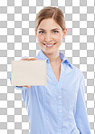 Happy, mockup and business woman with a card with space for announcement or advertising. Signage, bulletin and portrait of a female model with blank board with copy space isolated on a png background