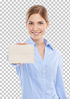 Buy stock photo Business card, portrait and happy woman isolated on png, transparent background with mockup space for advertising. Sign, paper mock up and face of professional model or person with product placement