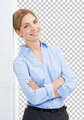 Buy stock photo Portrait, leaning and arms crossed with a business woman isolated on a transparent background. Vision, mindset or mission with a confident and attractive young female employee standing on PNG