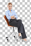 Portrait, arms crossed and business woman on chair. Ceo, boss and smile of happy, confident or proud female entrepreneur from Canada sitting on seat with success mindset isolated on a png background