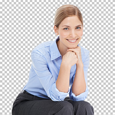 Buy stock photo Smile, portrait or business woman in studio waiting, empowered or confident on isolated, transparent or png background. Face, happy or female employee and ambitious, empowering or positive mindset