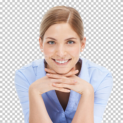 Buy stock photo Business, smile and woman with face on hands relax, empowered or confident on isolated, transparent and png background. Portrait, happy and lady employee with ambitious, empowered or positive mindset