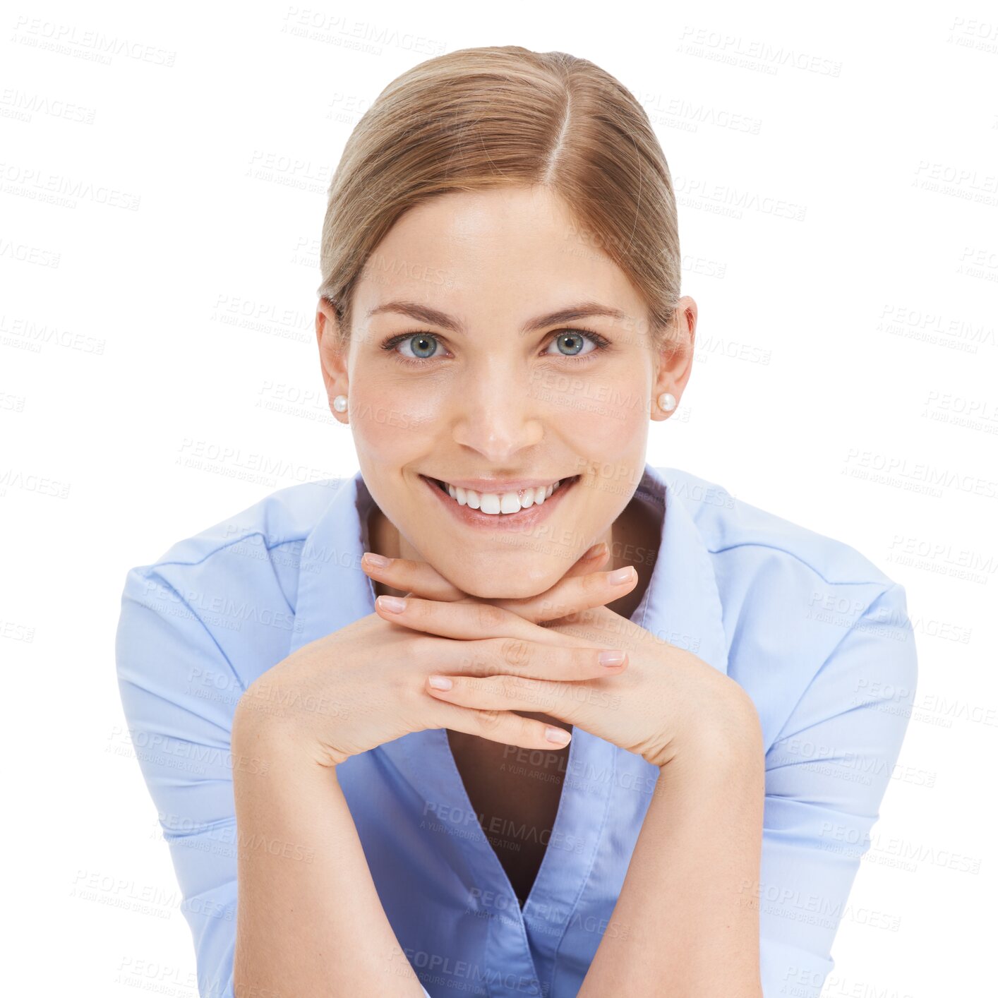 Buy stock photo Business, smile and woman with face on hands relax, empowered or confident on isolated, transparent and png background. Portrait, happy and lady employee with ambitious, empowered or positive mindset