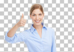 Business woman, happy portrait and thumbs up for winning, approval or thank you for support or service. Face of female with like hand emoji for deal, sale or discount isolated on a png background